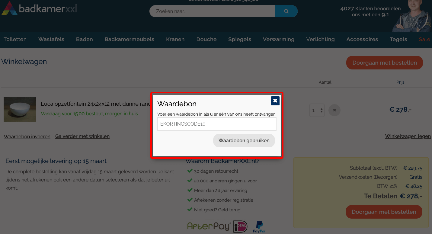 BadkamerXXL kortingscode gebruiken