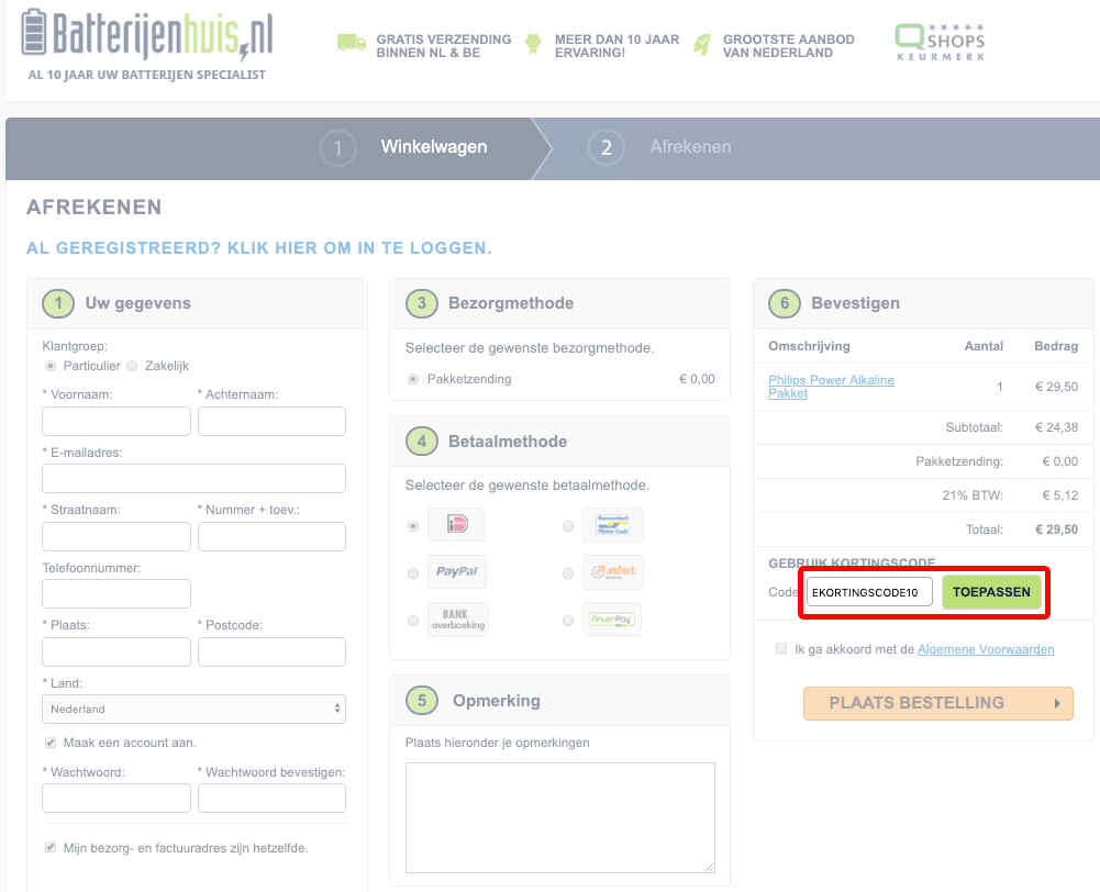 Batterijenhuis kortingscode gebruiken