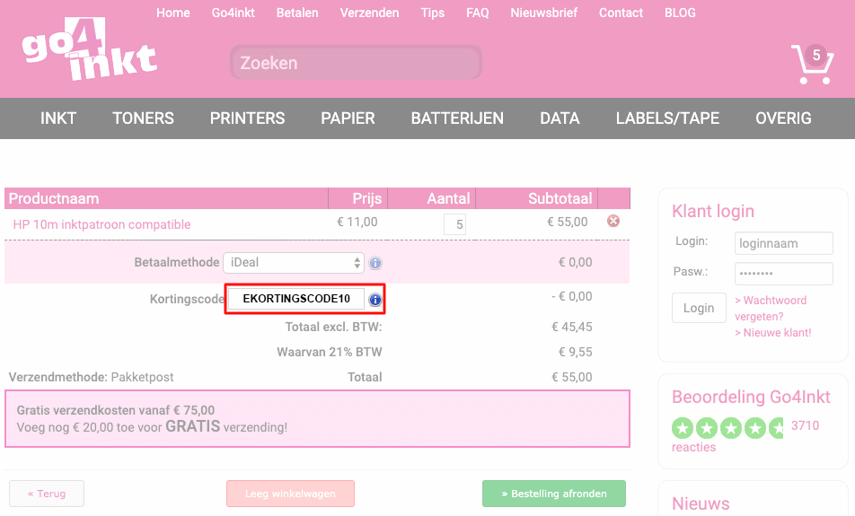 Go4Inkt kortingscode gebruiken