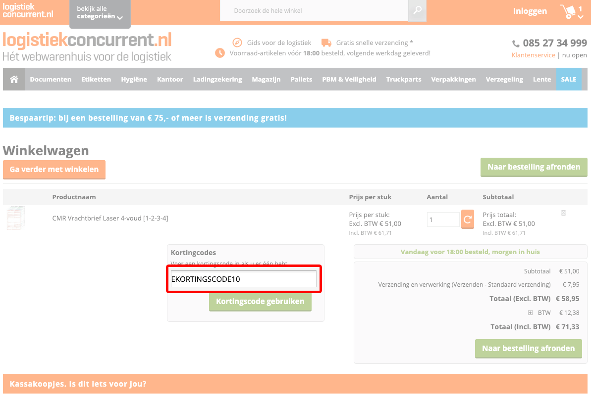 Logistiekconcurrent kortingscode gebruiken