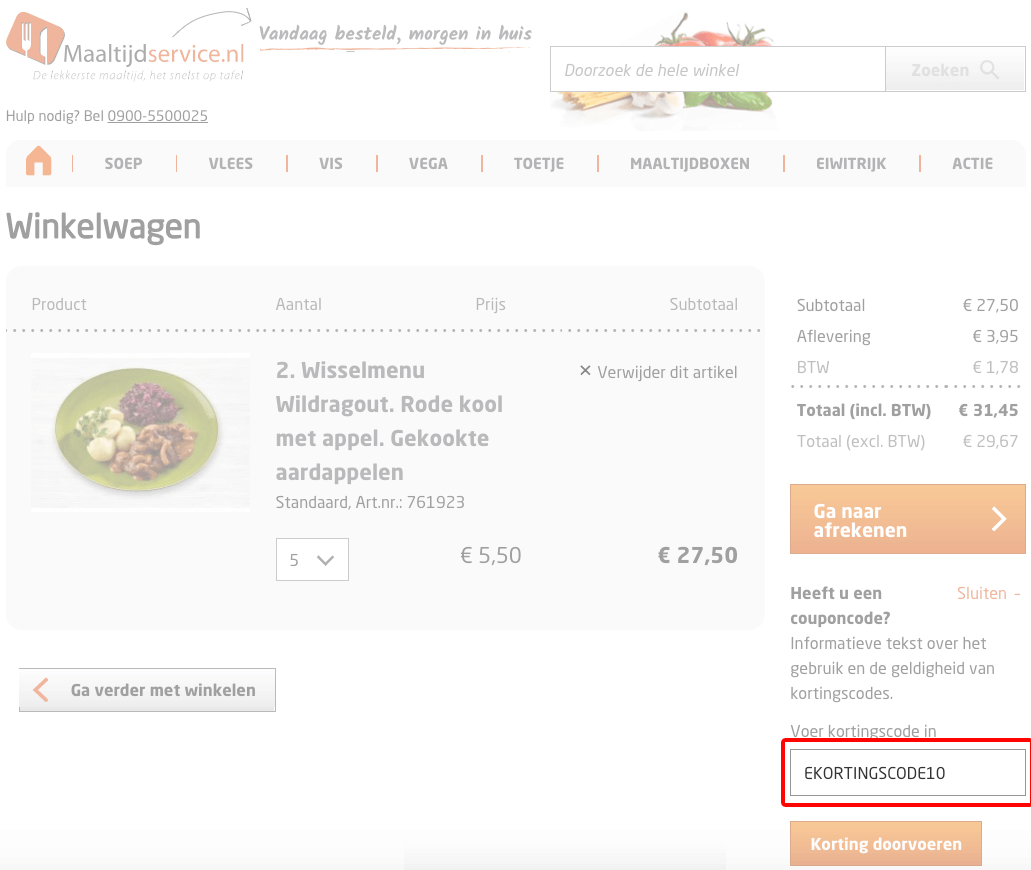 Maaltijdservice kortingscode gebruiken