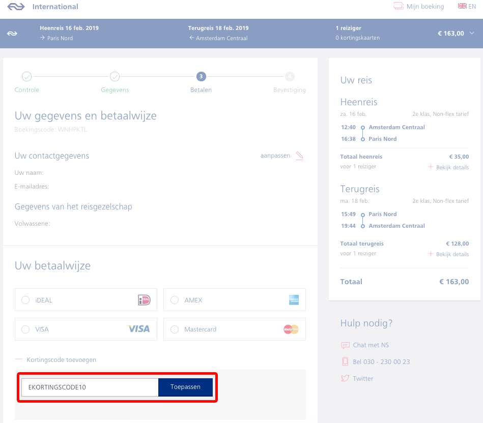 NS kortingscode gebruiken