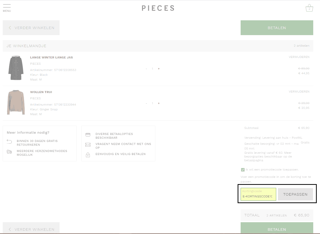 Pieces kortingscode gebruiken