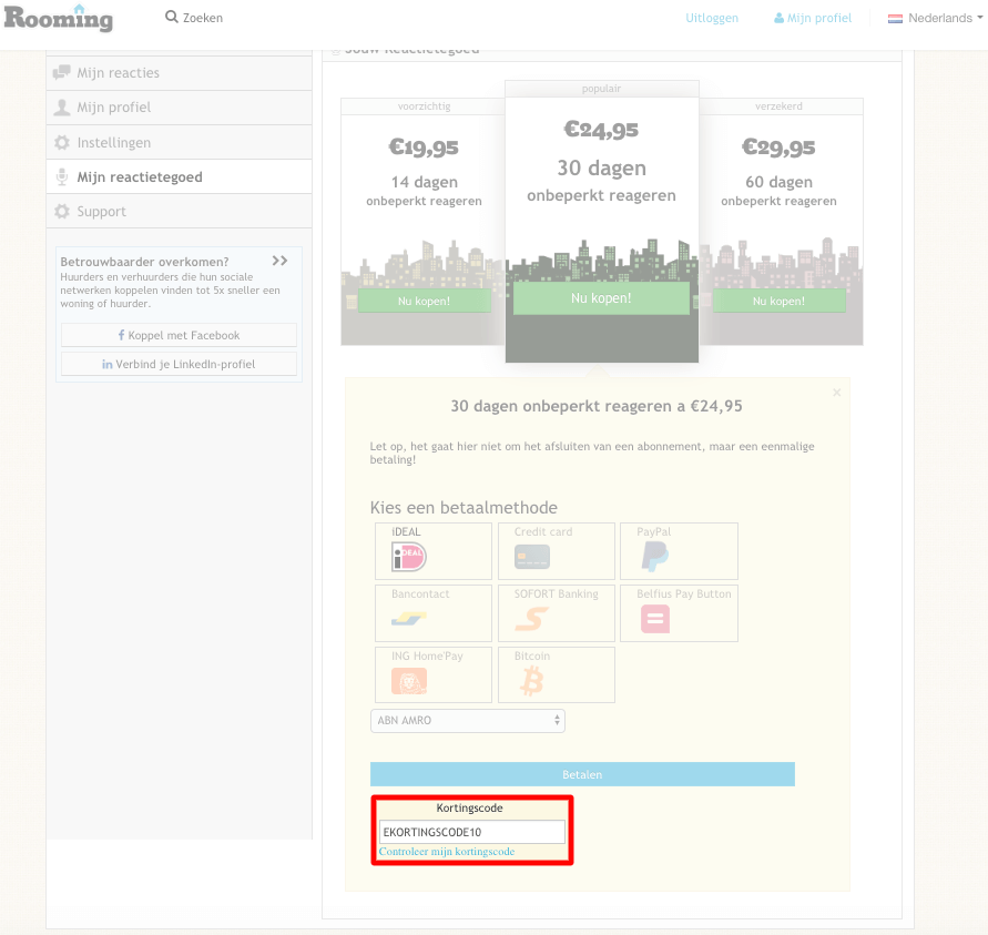 Rooming kortingscode gebruiken