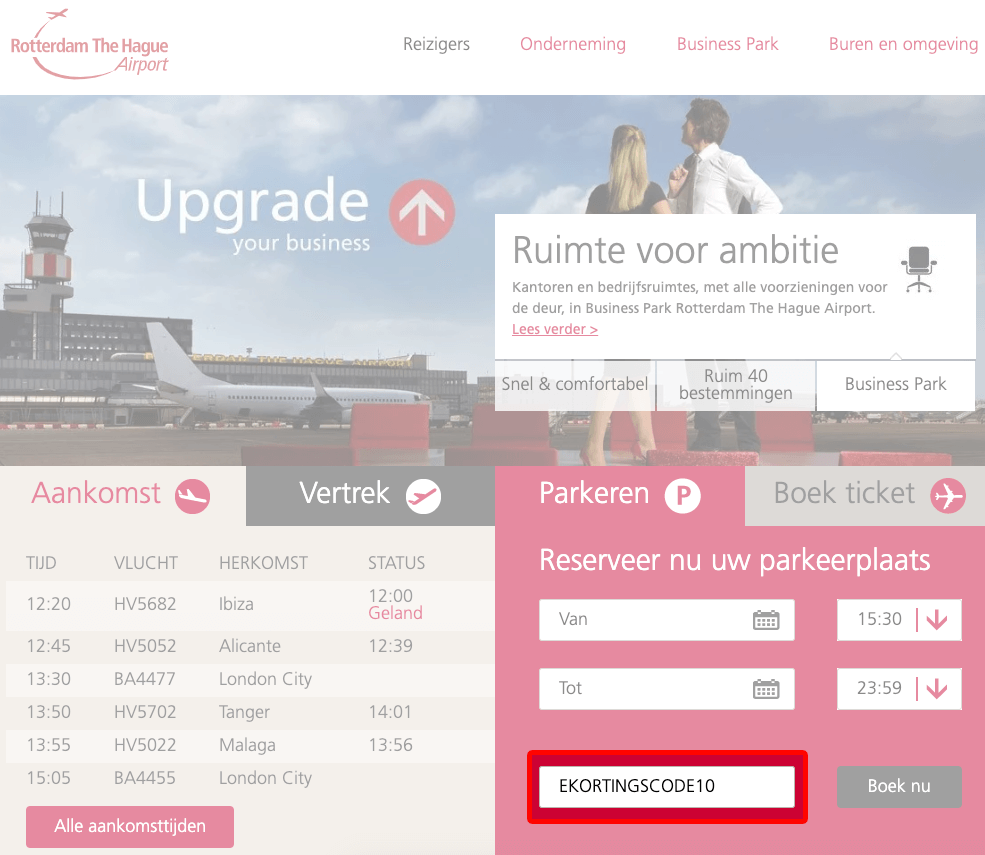 Rotterdam The Hague Airport Parkeren kortingscode gebruiken