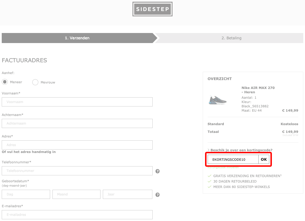 Sidestep kortingscode gebruiken