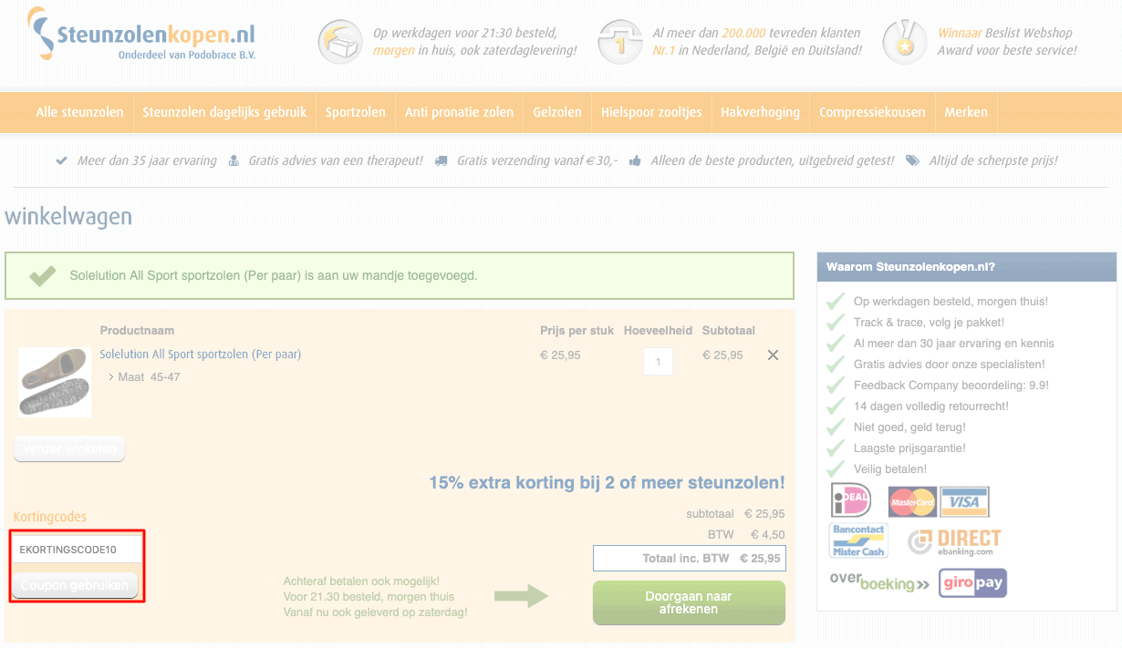 Steunzolenkopen.nl kortingscode gebruiken