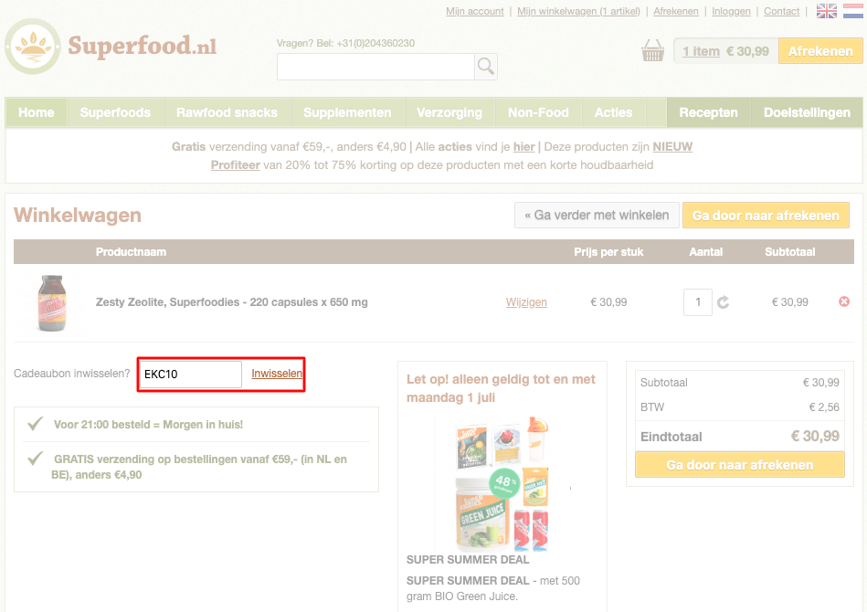 Superfood.nl kortingscode gebruiken