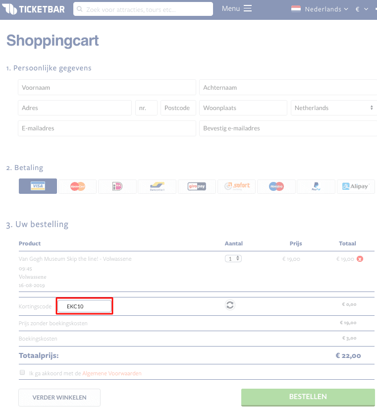 Ticketbar kortingscode gebruiken