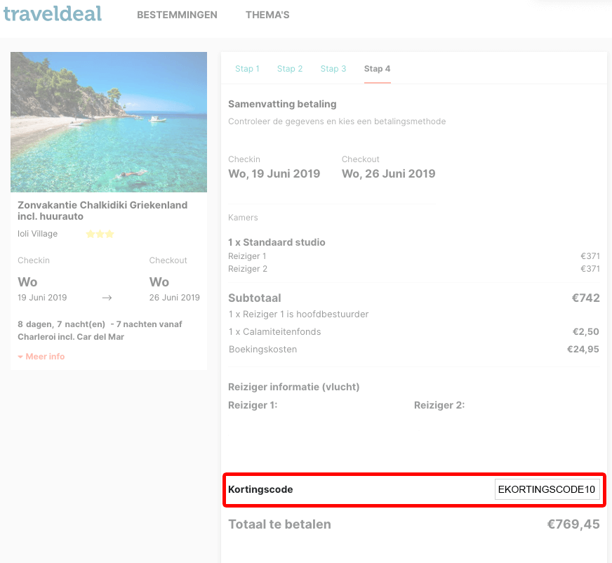 Traveldeal kortingscode gebruiken